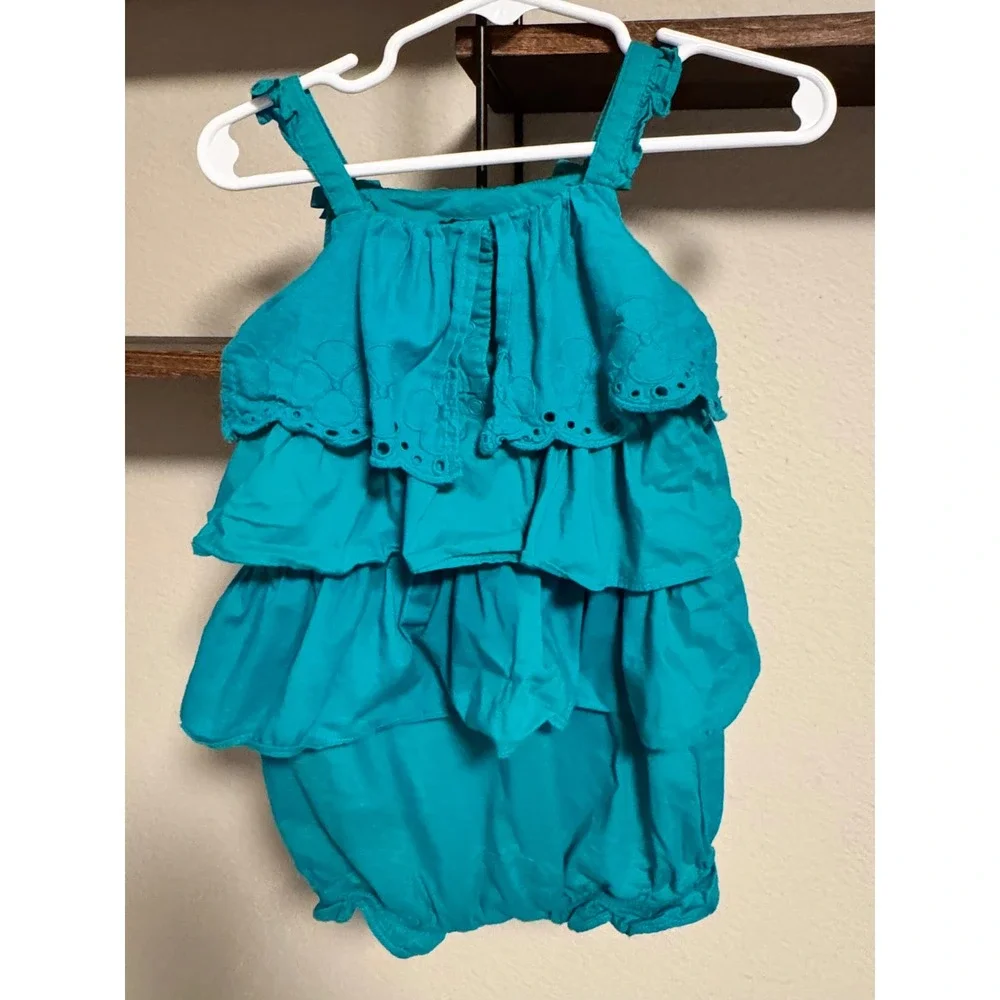 Gymboree Baby Girl 18-24mo Teal Turquoise Eyelet Ruffle Romper Flamingo Flamenco